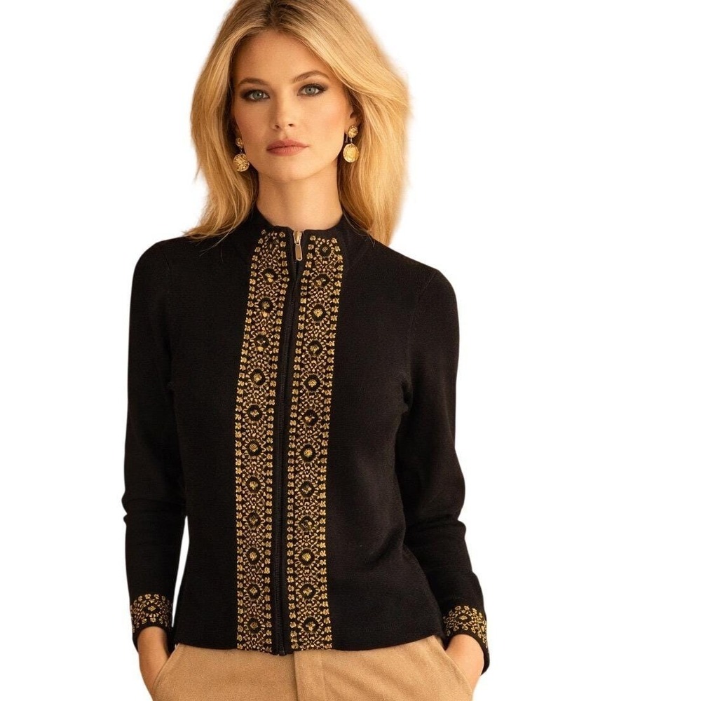 Vintage 70s Fontana Black Studded Zip Front Mock Neck Gold Embellished Sweater